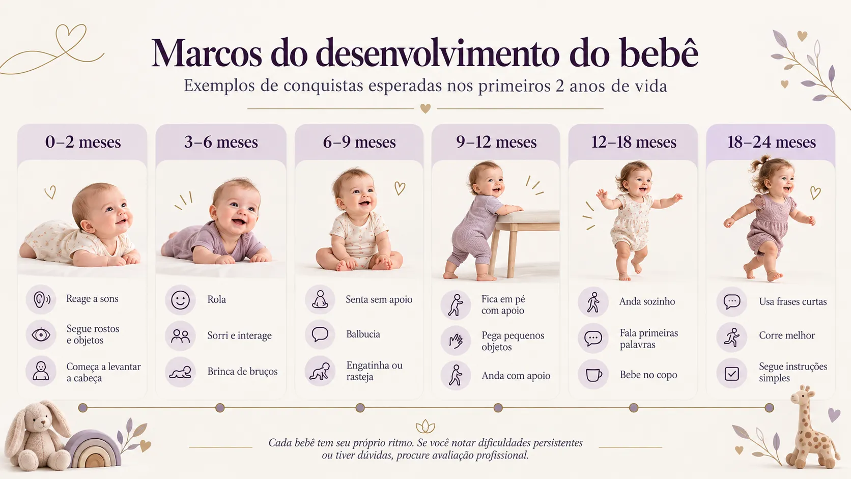 Infográfico Marcos do desenvolvimento do bebê: exemplos de conquistas esperadas de 0 a 24 meses, como sustentar a cabeça, rolar, sentar, engatinhar, andar e falar as primeiras palavras
