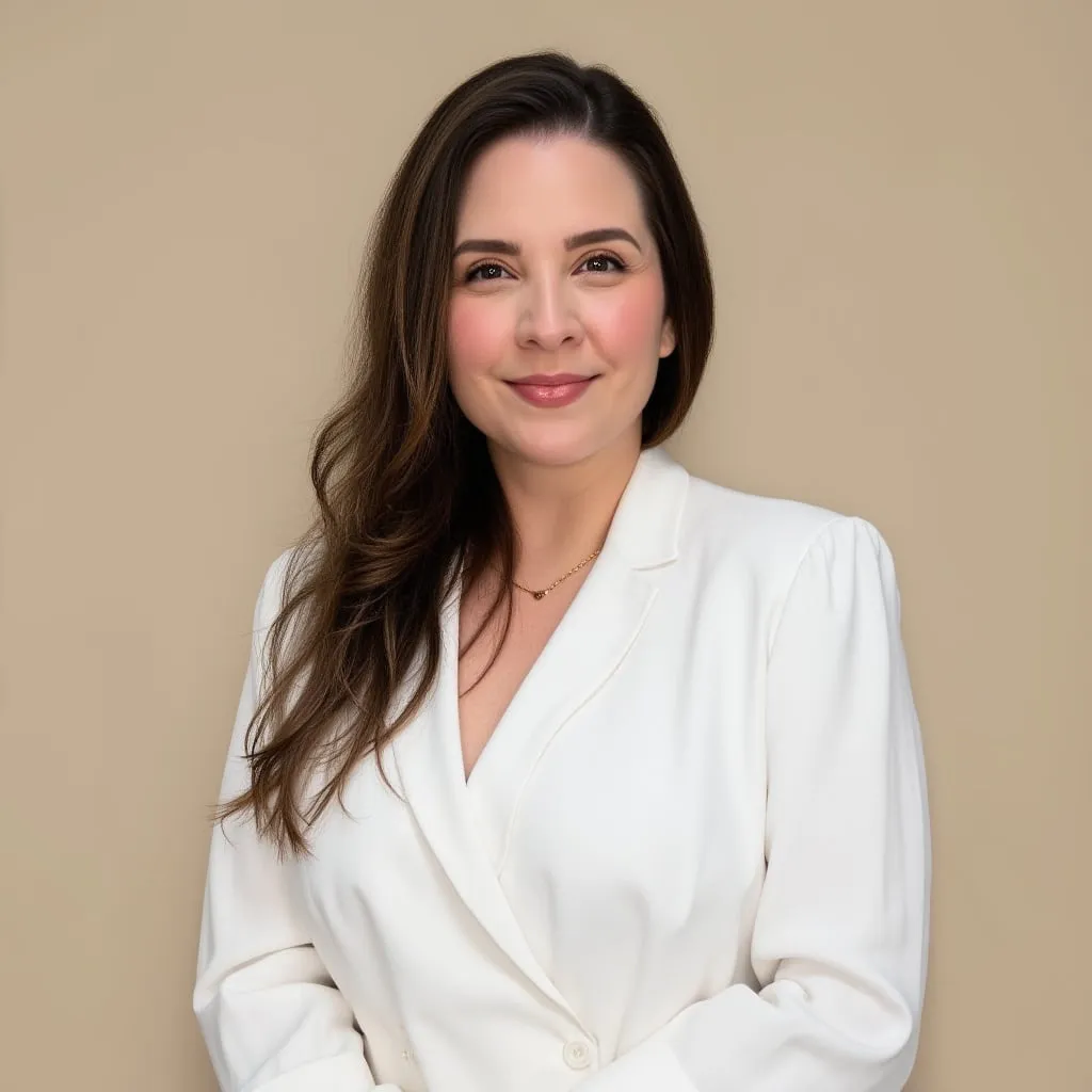 Retrato da Dra. Vitória Rollim de blazer branco