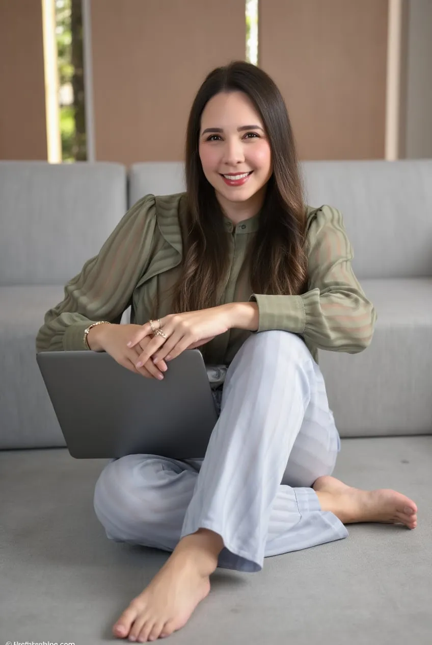 Dra. Vitória Rollim sorrindo, sentada no chão com um notebook